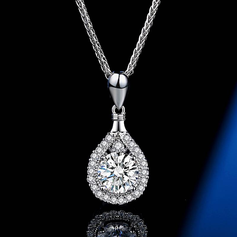Damenschmuck Moissanit Platin Halskette Silber Wassertropfen Anhänger 1 Karat Mode Schlüsselbein Halskette_voghion.com