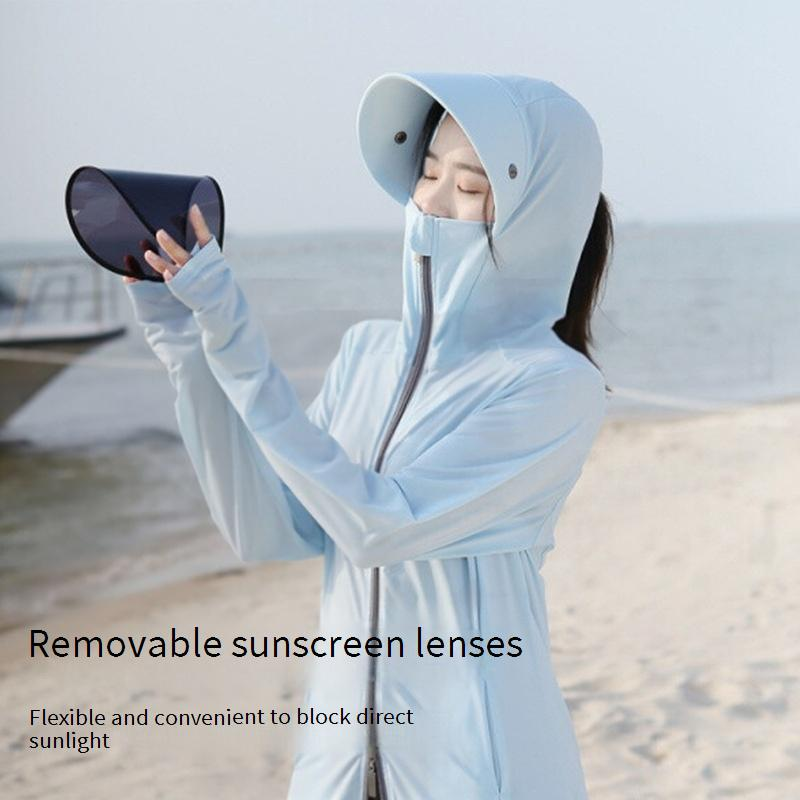 Jaqueta feminina de manga comprida com proteção solar - FPS 50+, comprimento de 120 cm, com tecido de seda gelada (92% viscose + 8% elastano), leve e respirável_voghion.com