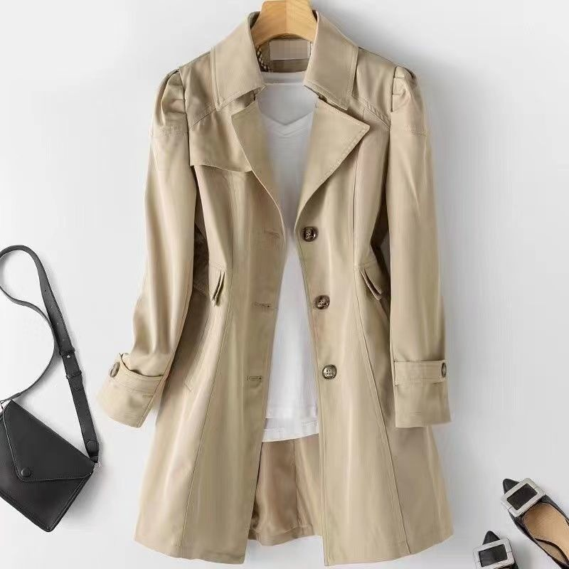 Elegant Mid-Length Trench Coat For Women – Slim Fit, Single-Breasted, Lightweight Cotton, 3D Pattern, Classic Notch Lapel_voghion.com