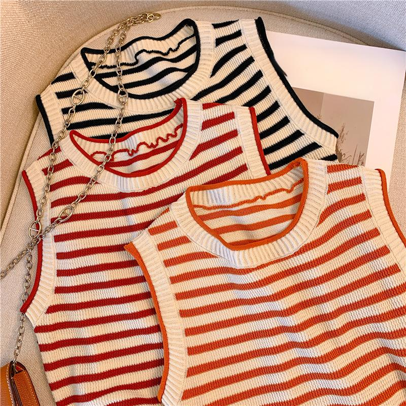 Top senza maniche in maglia a righe in stile francese - Capo casual da donna per la primavera/estate_voghion.com