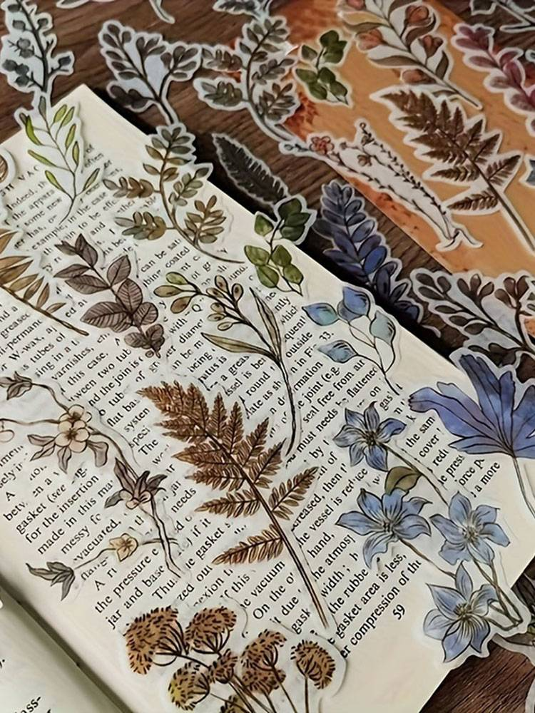 Paquete de 60 pegatinas de papel japonesas con decoraciones florales y brillantes - Diseño vintage de plantas, aptas para superficies de madera_voghion.com