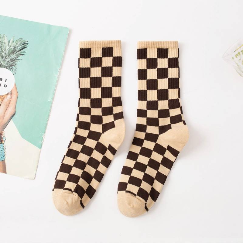 6 Pairs--Checkerboard Men's And Women's Fashion Street Brand Mid Tube Academy Style Cotton Skateboarding Socks_voghion.com