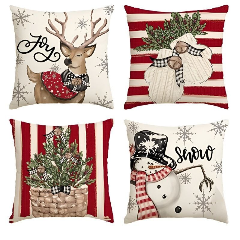 Copricuscino creativo natalizio in lino con pupazzo di neve e alce, decorazione per la casa, copricuscino per divano_voghion.com