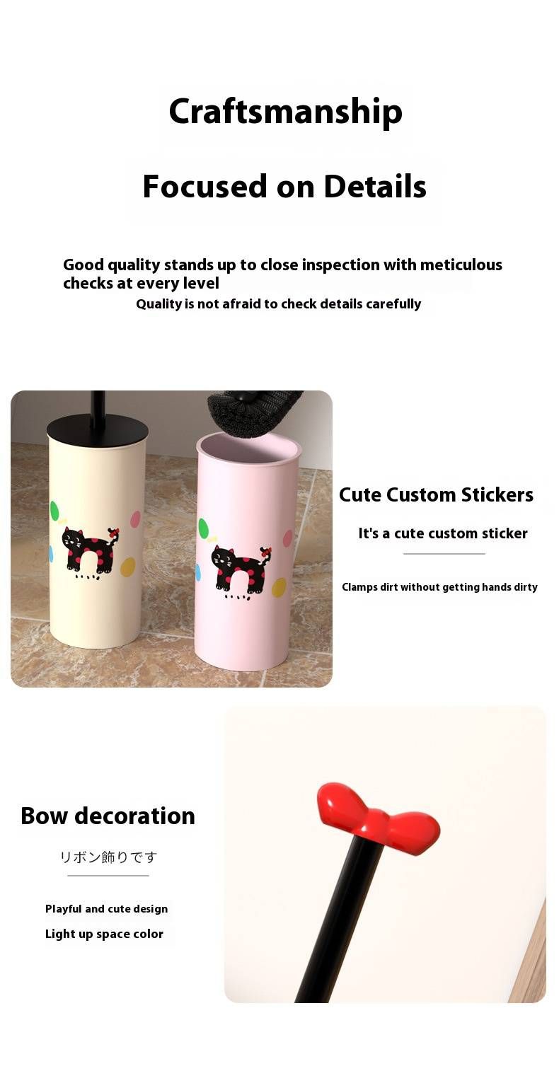 Cartoon Toilet Brush Set With Holder – Soft Bendable Bristles For Deep Cleaning, Non-Scratch Plastic Head (Cute Cat Design, Compact Base)_voghion.com