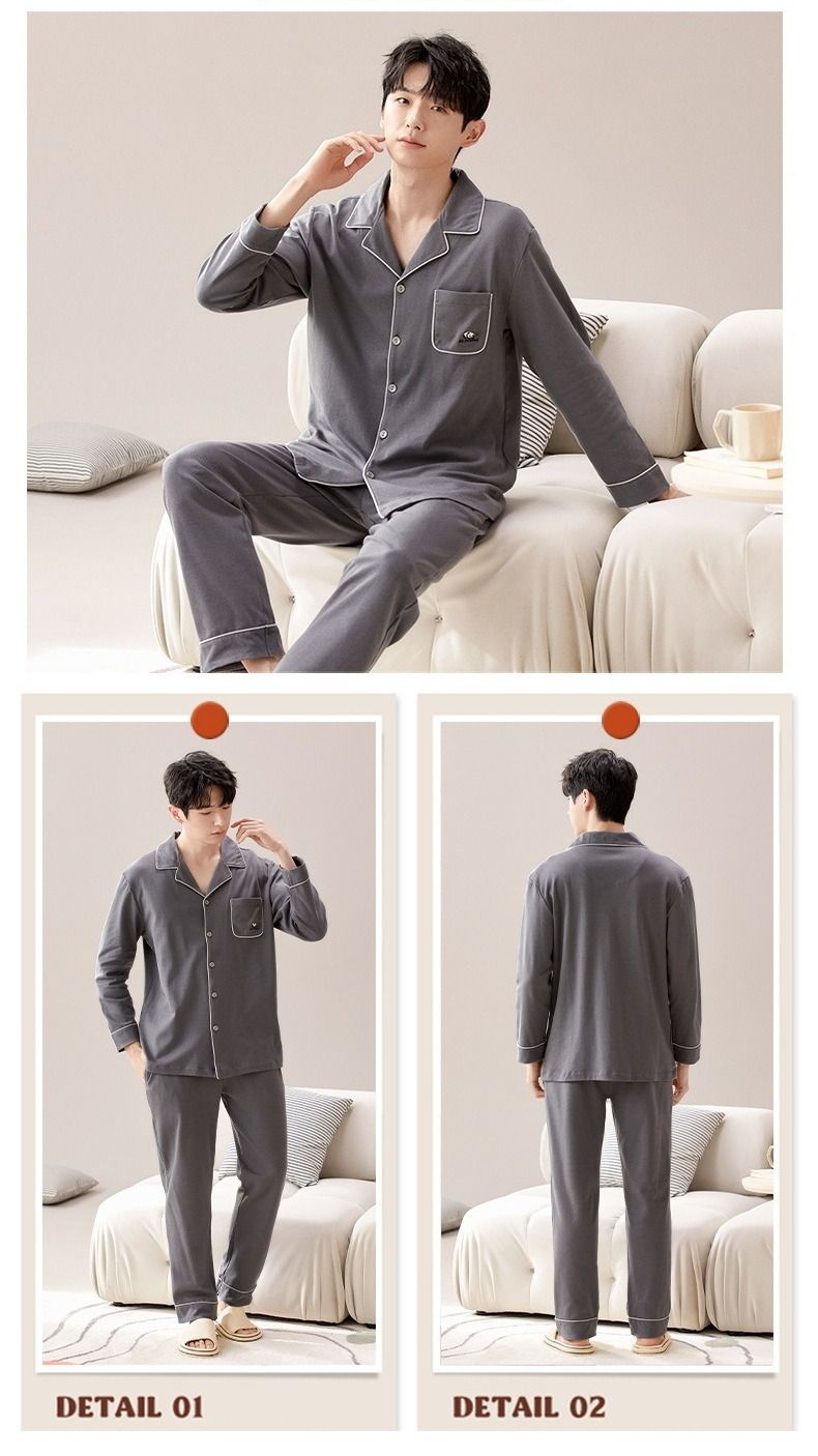 Autumn And Winter Thin Men's Loose Fit Plus Size Home Suit Set, Pure Cotton Long Sleeved Long Pants Pajama Set_voghion.com