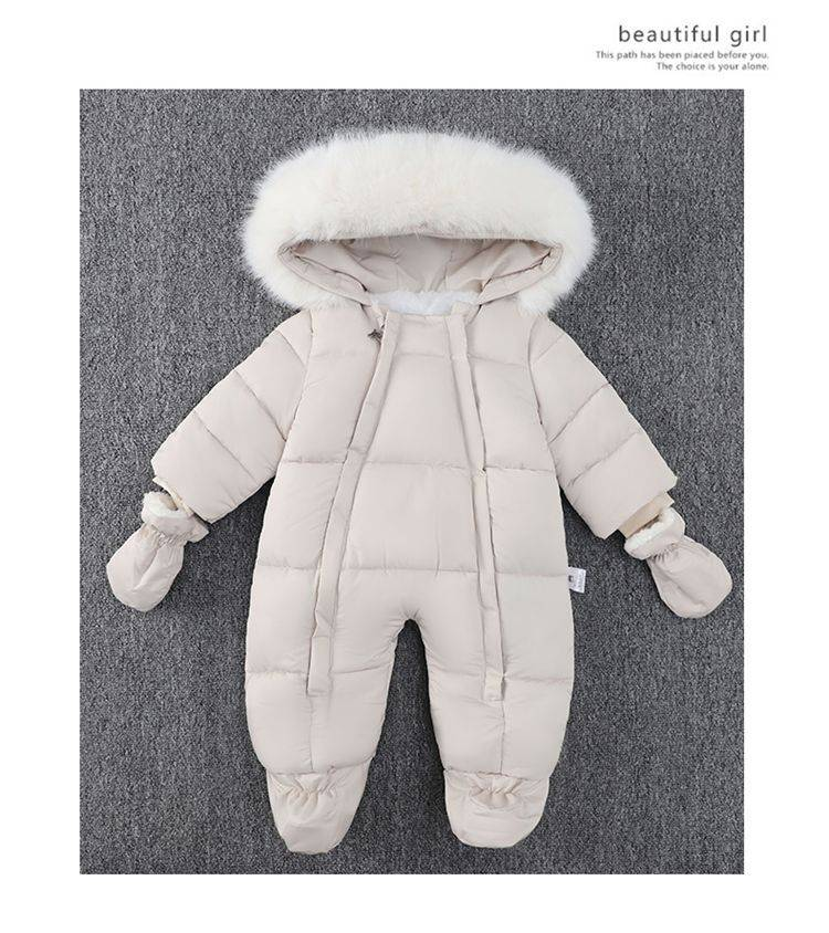 Modischer Kinder-Overall mit Pelzkragen, Kapuze, Plüschfutter und dicker Sohle – Winter-Baby-Strampler im neuen Stil mit Handschuhen_voghion.com