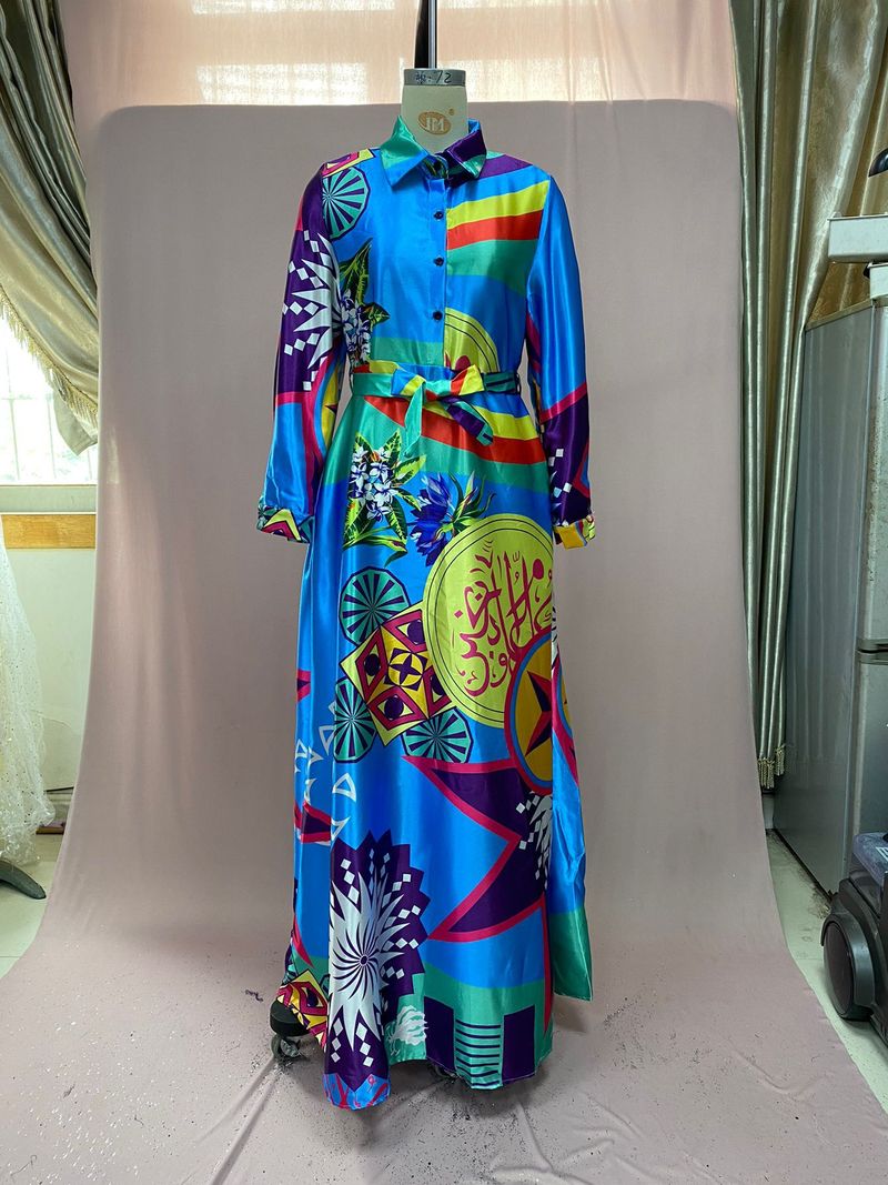 2025 Winter Plus Size Digital Printed Contrasting Dress, Large Swing Long Skirt With Belt Included_voghion.com