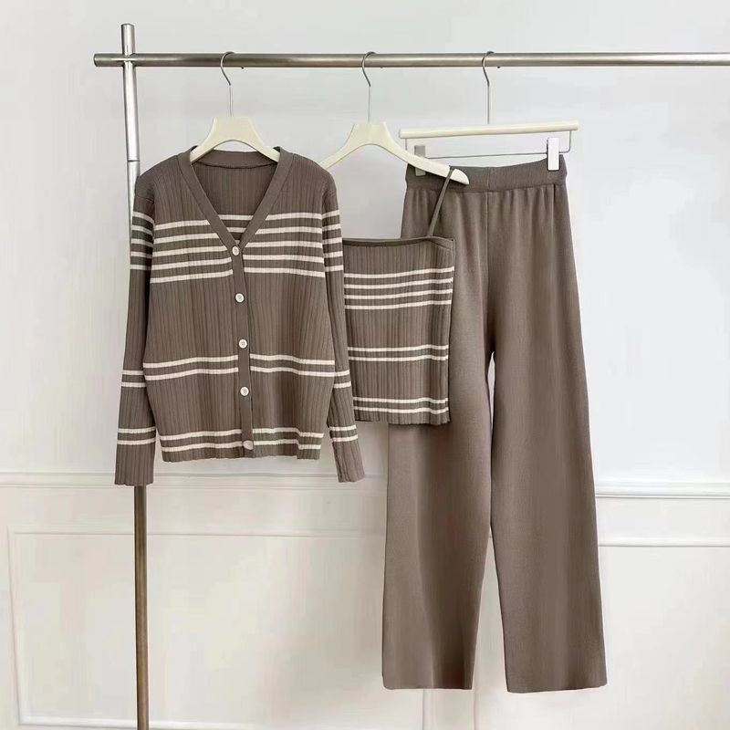 Dameskleding Pure Desire Gestreepte Jarretel Zonnebrand Cardigan Driedelige Set Sexy Temperament All-match Gebreide Trui Tops Dames_voghion.com