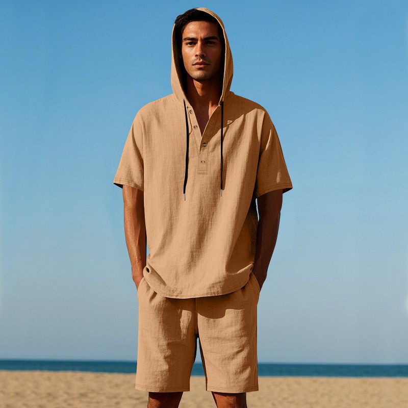 Completo da uomo in lino con camicia e pantaloncini - Completo casual estivo da spiaggia a maniche corte con vestibilità ampia_voghion.com
