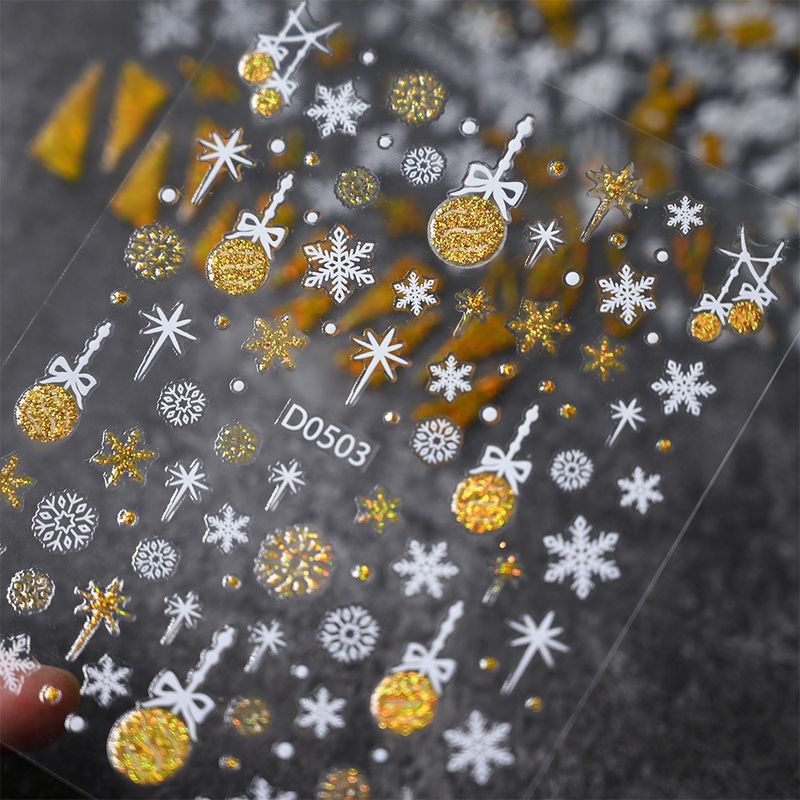 Adesivi per unghie a forma di fiocco di neve natalizio - Glitter oro e argento | Adesivi per unghie 3D luccicanti, luccichio di lusso per Natale_voghion.com