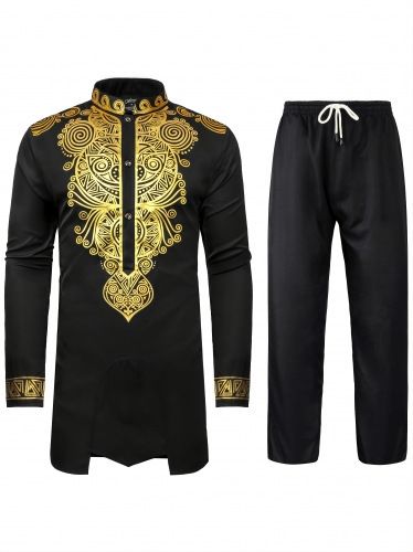 Ensemble 2 pièces pour homme, haut et pantalon estampillés dorés, style musulman_voghion.com