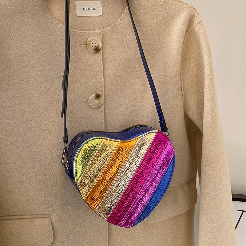 Nuova borsa a tracolla a forma di cuore con patchwork arcobaleno, con design di nicchia, per donna, con motivo a blocchi di colore._voghion.com