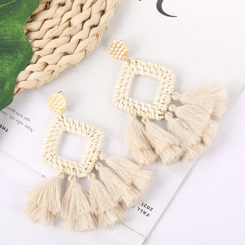 conjunto de brincos de borla hit Novos brincos boêmios Brincos de vime de madeira_voghion.com