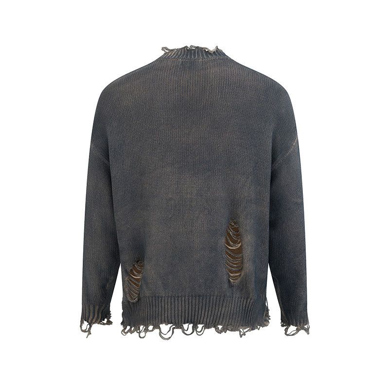 Dark High Street Batik Ripped New Wasteland Style Base Shirt Pullover Unisex Loose Knit Sweater_voghion.com