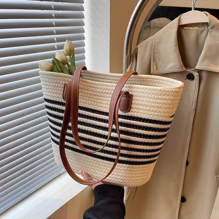 Borsa a tracolla in corda di cotone e paglia per donna, estiva, versatile, intrecciata, da pendolare, per le vacanze e la spiaggia_voghion.com