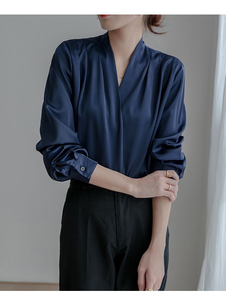 Camicia bianca primavera 2025, manica lunga da donna, design francese, top in seta di nicchia, camicia in raso professionale_voghion.com