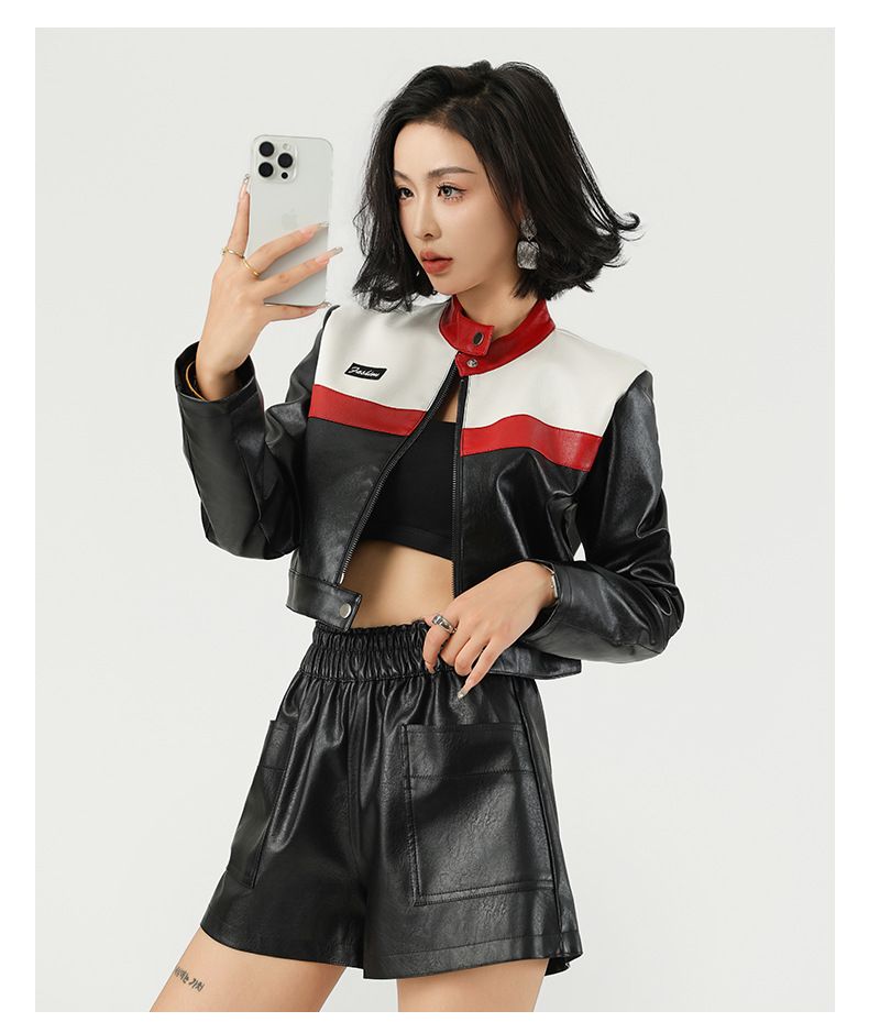 Neue Color-Block Patchwork Motorrad Pilot Kurzmantel Damen Lederjacke_voghion.com