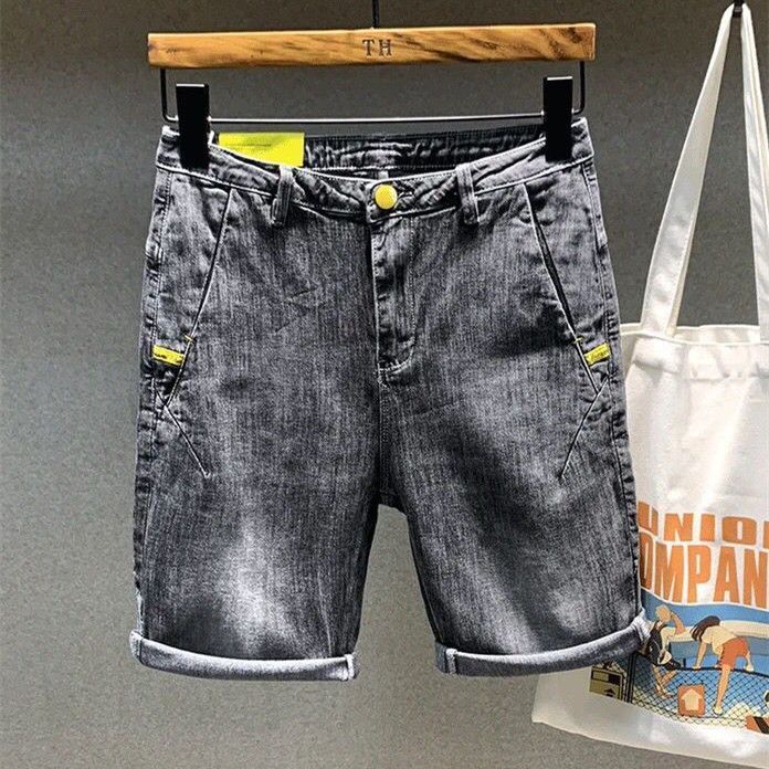 2024 Verão Fino Denim Shorts Masculinos Marca Da Moda Slant Insert Bolsa Versão Coreana Slim Fit Calças Elásticas Pentagrama_voghion.com