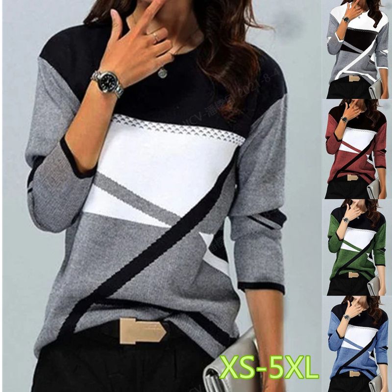 Women's Color Stitching Printed Casual Round Neck T-shirt 