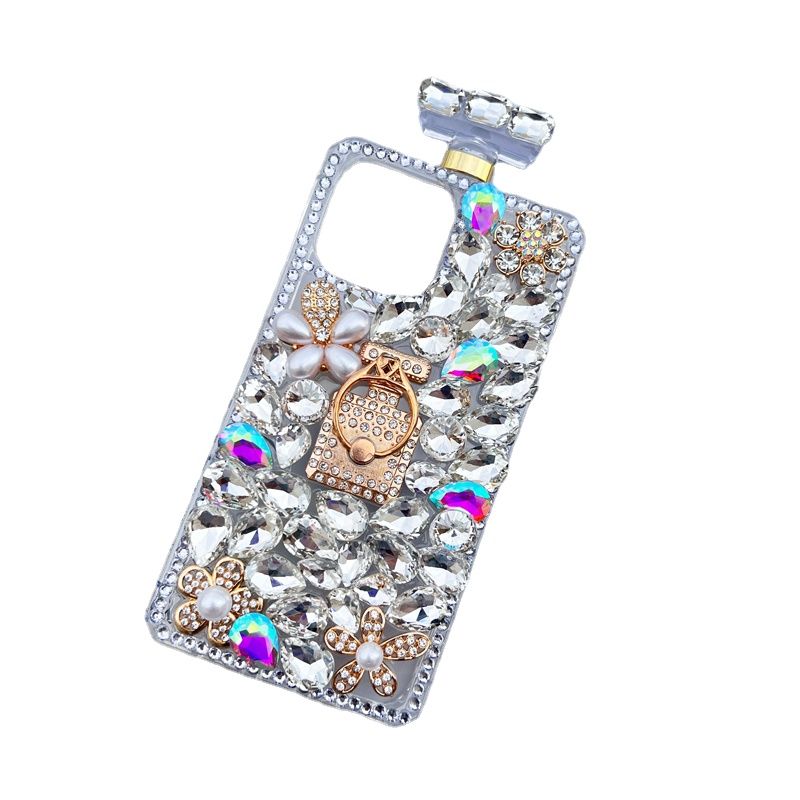 Handmade Perfume Bottle for iPhone 15, Diamond Rhinestone Case with Neck Strap, Bling Glitter Crystal, Shiny Clear_voghion.com