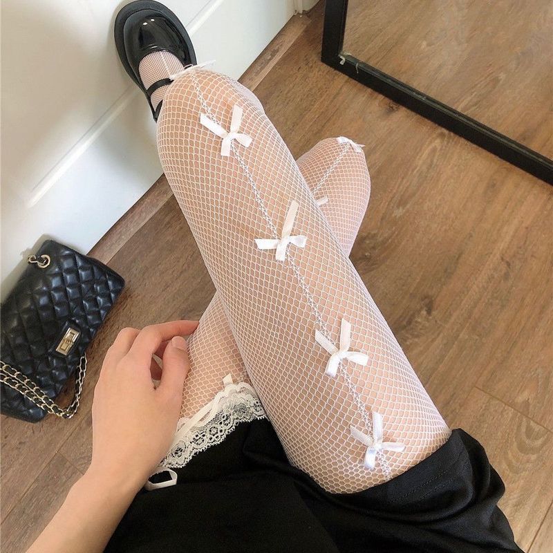 JK Bowknot-Netzstrümpfe für Damen, dünne, sexy Lolita-Leggings mit Hohlsaum für den Sommer, lange schwarze Strumpfhosen_voghion.com