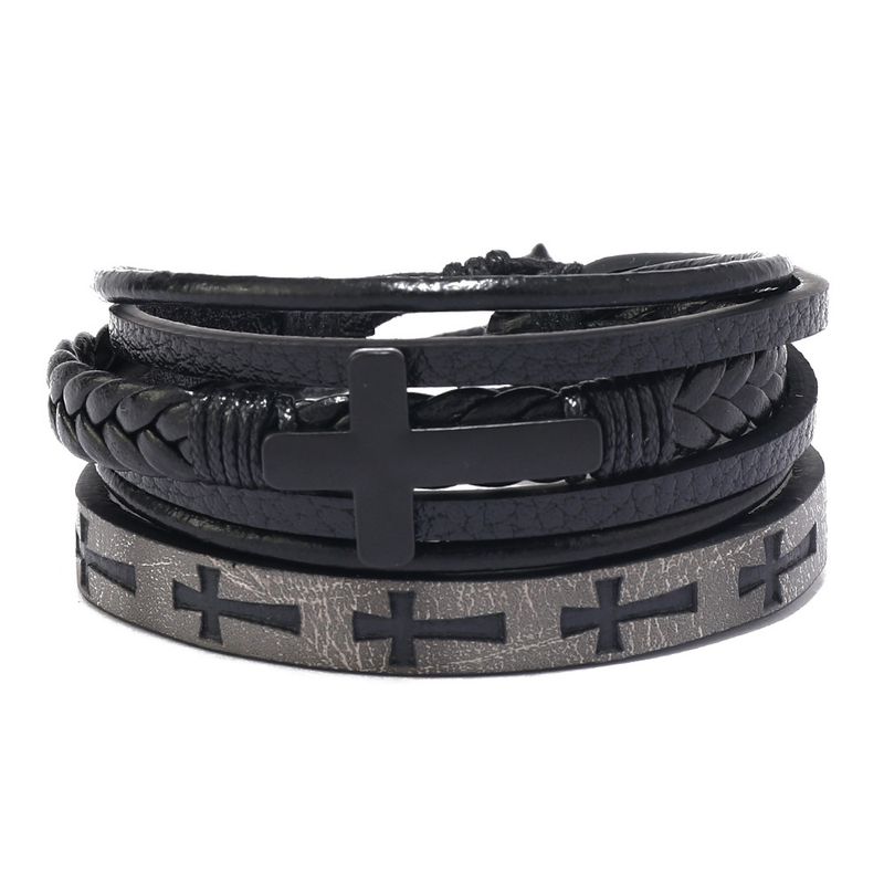 Bracciale da uomo in pelle intrecciata multistrato, semplice, con accessori a croce, in due pezzi_voghion.com