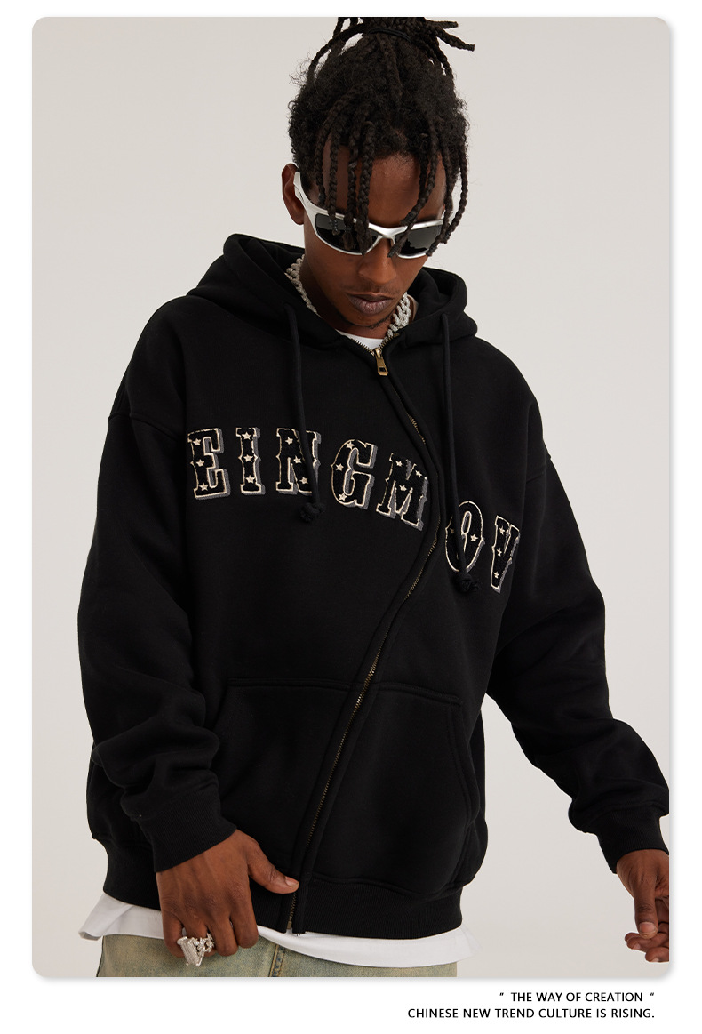 Herr höst och vinter tungvikts amerikansk handduk broderad polar fleece S-formad dragkedja sweatshirt lös trendig märkeshuvtröja för män_voghion.com