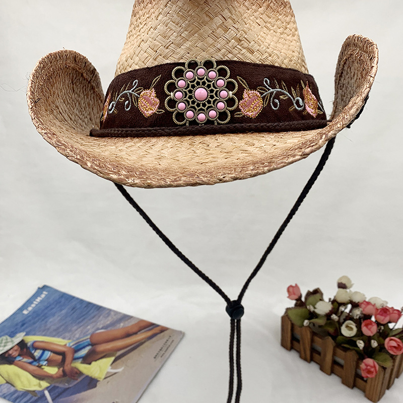 Handgewebter Cowboyhut aus Raffiagras mit Sonnenschutz und gerolltem Rand, bestickter Strohhut_voghion.com