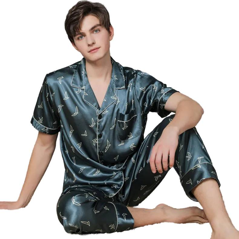 Pajamas Men's Summer Ice Silk Thin plus Size Short-Sleeved Trousers Home Wear Korean Style Young Men's New 2021_voghion.com