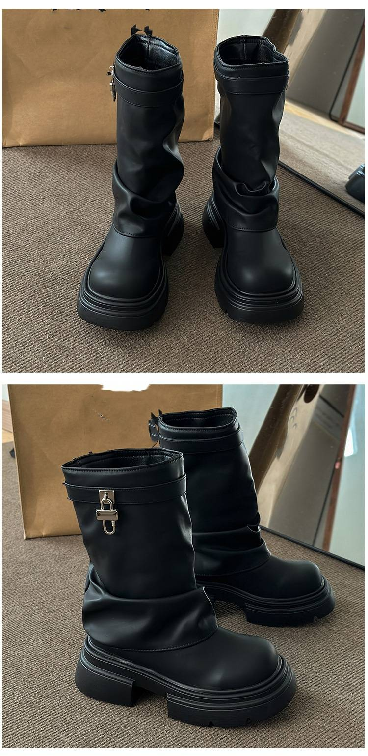 Lederstiefel Netzwerk rote kurze Stiefel Damen 2024 neue Stiefel Casual Style Retro 100 dicke Sohlenhose Stiefel Mid-Calf Stiefel_voghion.com