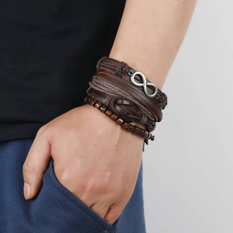 Jednoduchý oblekový náramek DIY tkaný hovězí kožený náramek pro muže a ženy s vícevrstvou kombinací náramků a doplňků_voghion.com
