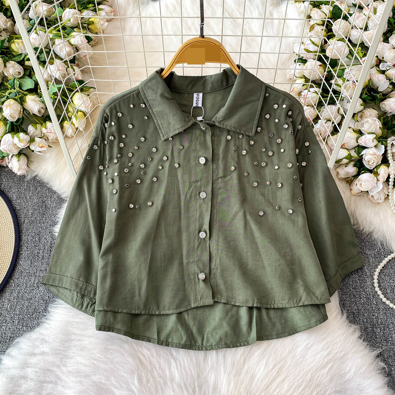 Luxe blouse met versieringen voor dames, statement revers, top met halflange mouwen, 8 levendige kleuren (zwart/groen/rood/meer) voor op kantoor en een avondje uit_voghion.com
