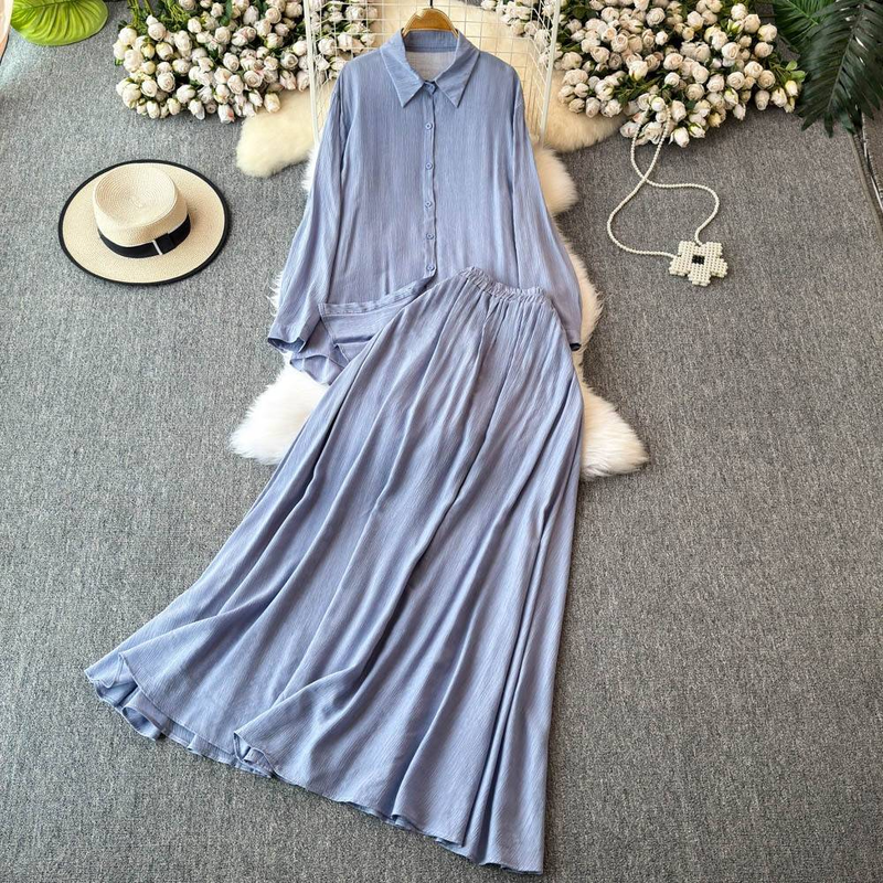Elegant Women's Casual Two-Piece Set Loose Long Sleeve Blouse With High Waist Slimming Midi Skirt_voghion.com