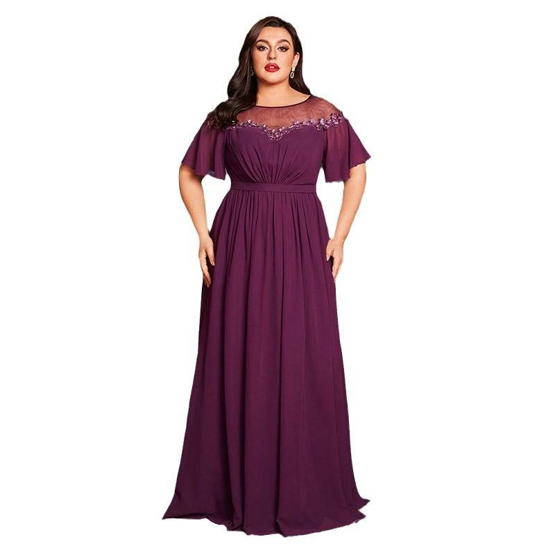 Elegantes Abendkleid in Übergröße für Hochzeit, Brautjungfer und Party – kurzärmliges Abendkleid mit funkelnden Pailletten_voghion.com