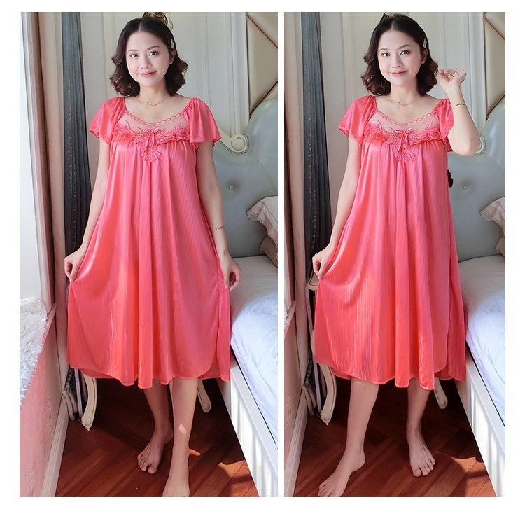 Women Ice Silk Sleepwear Set Nightdress Homewear Nightwear Pyjamas Female Lace Sleepwear V-neck Nightgown Plus Size_voghion.com