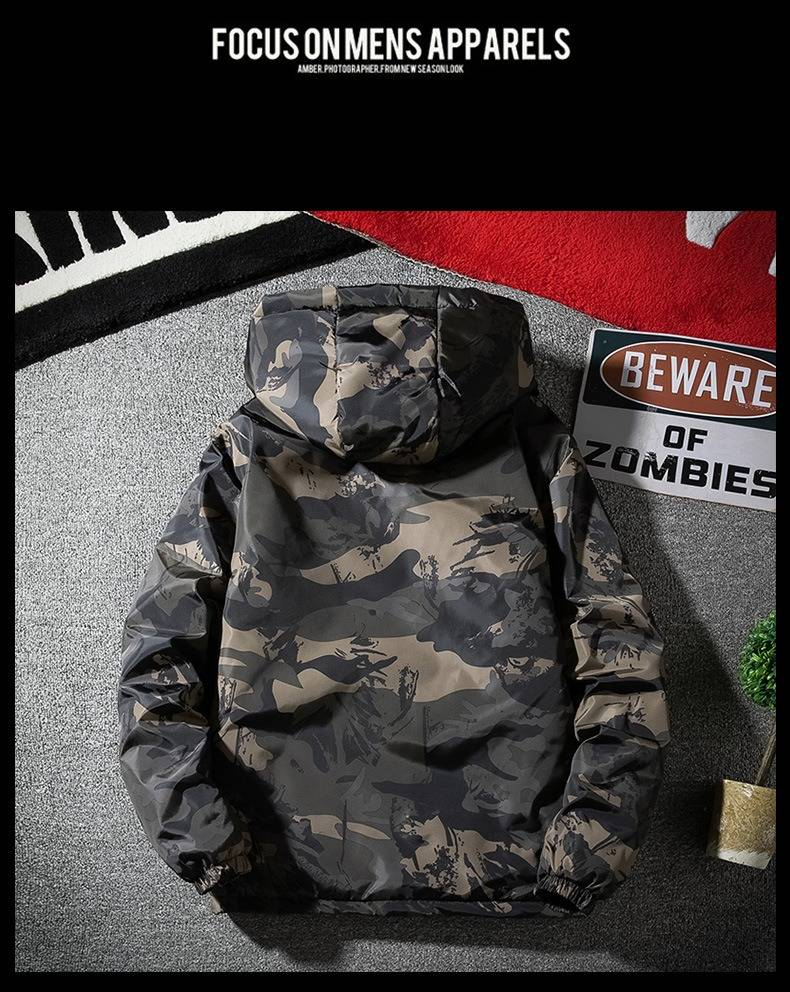 Übergroße Winterjacke mit Kapuze und Camouflage-Muster für Herren – Warmer Puffermantel aus Polyester für große und lange Größen – Lässige Oberbekleidung mit entspannter Passform_voghion.com