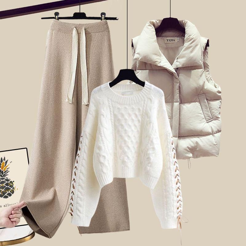 Women's Clothing Plus Size Women's Knit Sweater Vest & Pants Set - Trendy 3-Piece Outfit For Fall & Winter (Black Vest + Khaki Sweater + Khaki Pants)_voghion.com