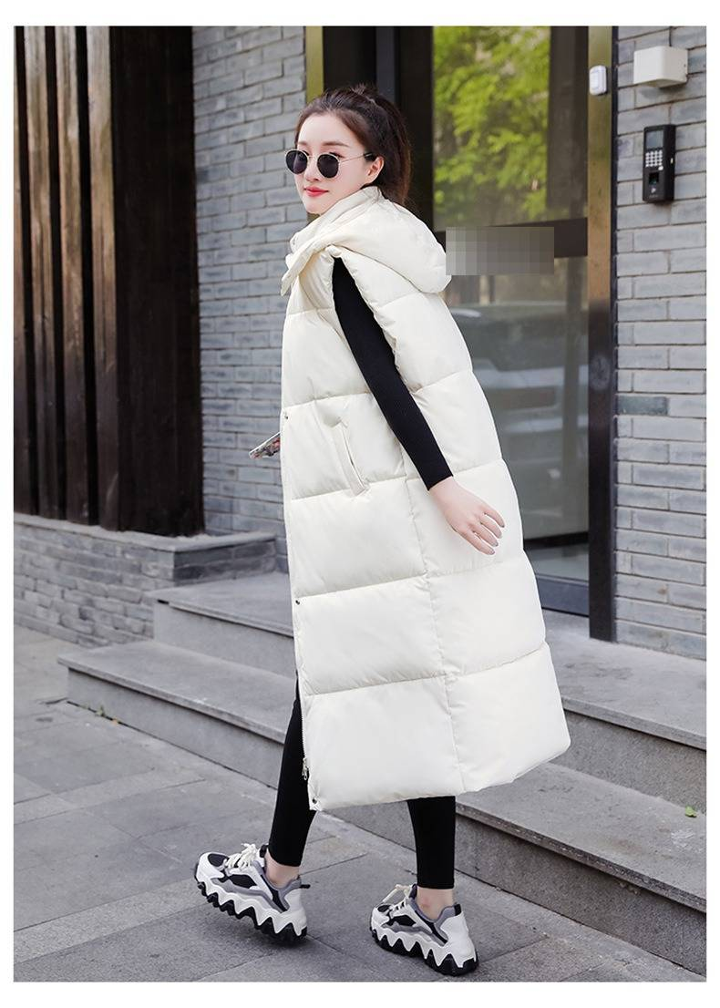 Gilet long à capuche et ceinture pour femme, veste matelassée légère, coupe ample et décontractée pour l'hiver, noir/blanc/kaki_voghion.com