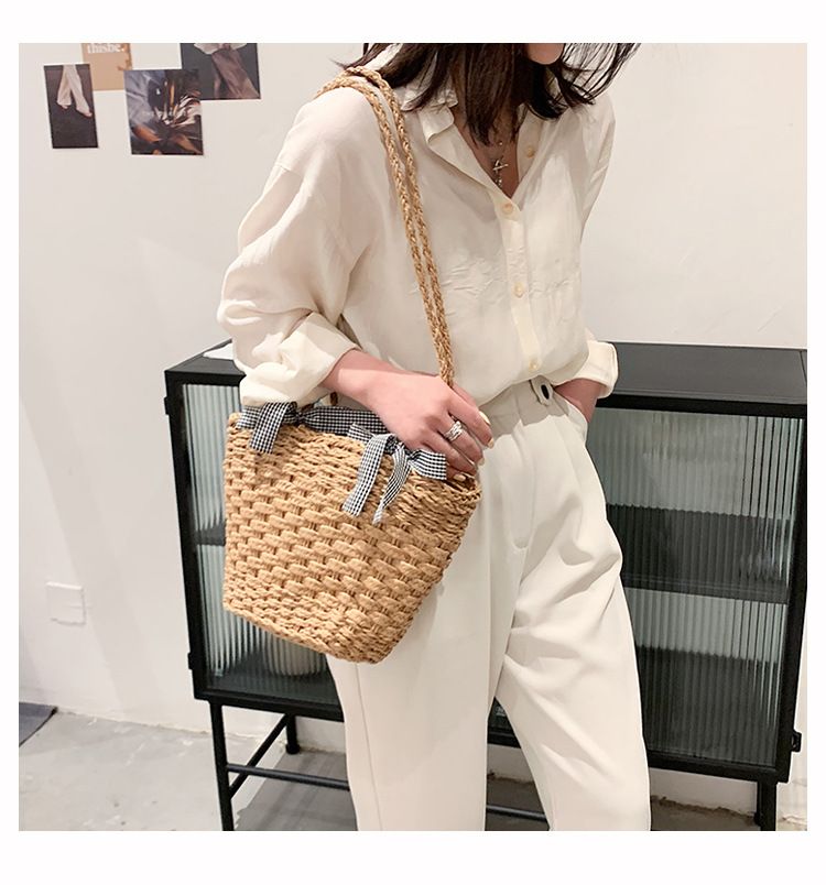 Women’s Bags Beach Straw Bag Women's New Trendy Internet Celebrity Large Capacity Beach Vacation Woven Stylish Shoulder Bucket Bag_voghion.com