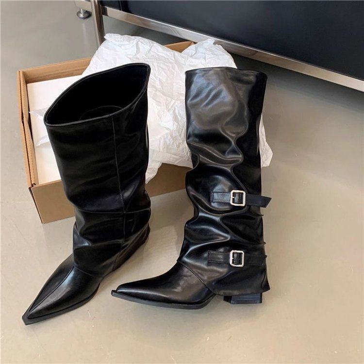 ShoeGlobe ShoeGlobe Pointed Toe Buckle Pleated Slouch For Women, Chunky 2025 Punk Riding Boots, Street Style Hot Girl High Heel Long Boots_voghion.com