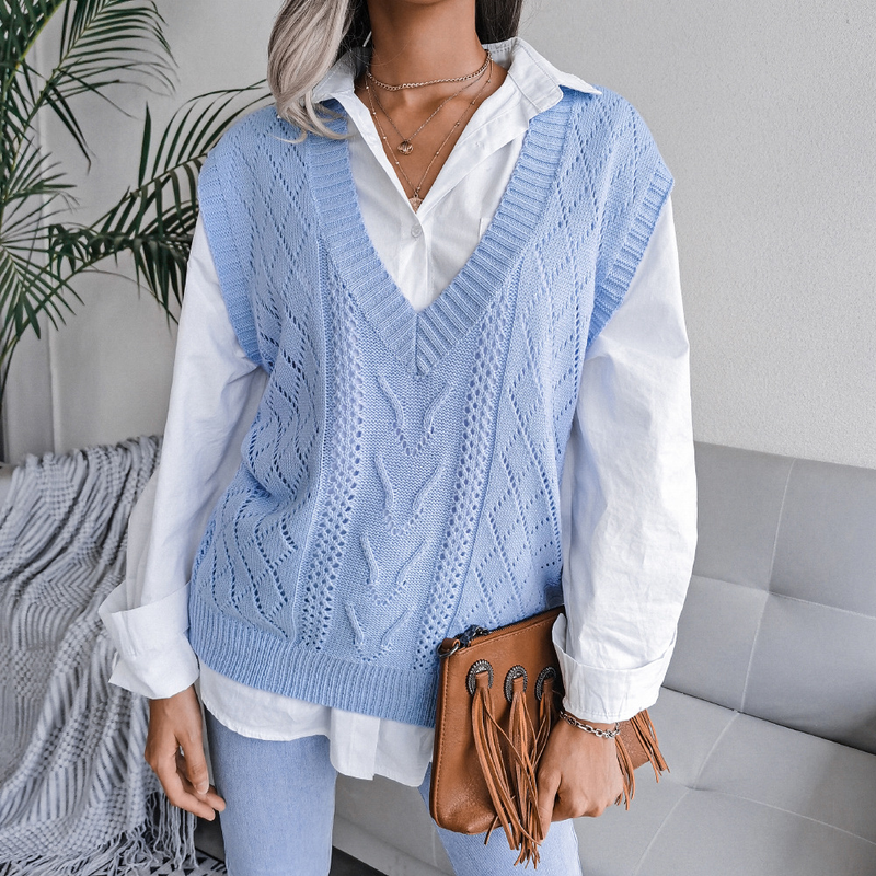 Pull tricoté à col en v pour femme, vêtement style Ins, ajouré et torsadé, collection automne et hiver 2023_voghion.com