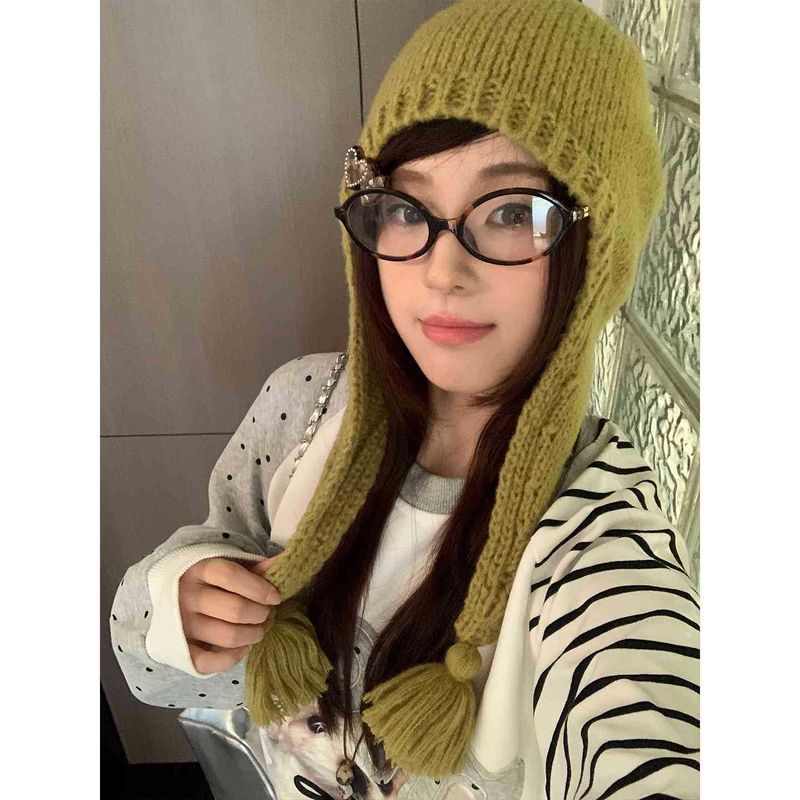 Maglione lavorato a maglia con paraorecchie a forma di cuore, in stile coreano, per donna, caldo e alla moda, con nappe, per autunno e inverno_voghion.com