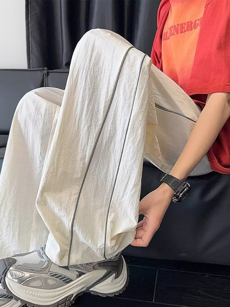 Premium Products American Style Spliced Quick Drying Pants For Men In Summer, Thin And Trendy Cool Casual Pants, Loose Straight Leg Sports Pants_voghion.com