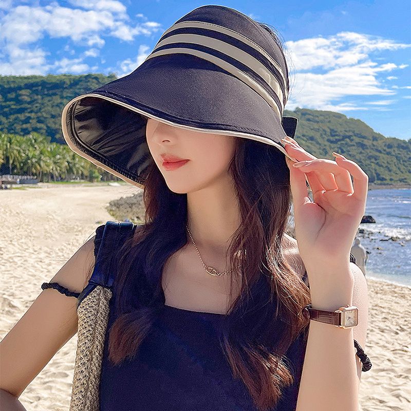 Fashion Summer Black Vinyl Sun Women Stripe Wide Brim UV Protection Bucket Hat Foldable Outdoor Beach Ladies Empty Top Sunscreen_voghion.com