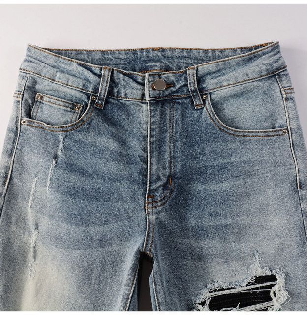 Men Leather Patches Denim Jeans Streetwear Holes Ripped High Stretch Pants Light Blue Skinny Tapered Trousers_voghion.com