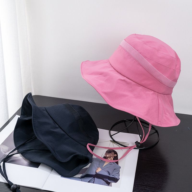 Women's Red Drawstring Strap Bucket Hat Outdoor Thin Sun Hat_voghion.com