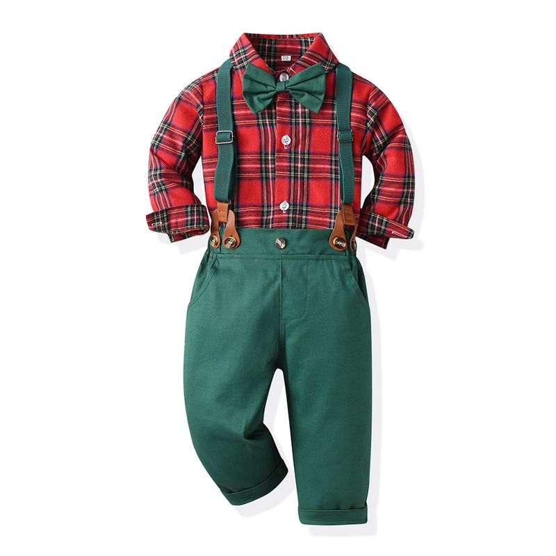 Kid's Clothing Boys suit new children Christmas gentleman dress long sleeve plaid shirt autumn and winter green overalls_voghion.com