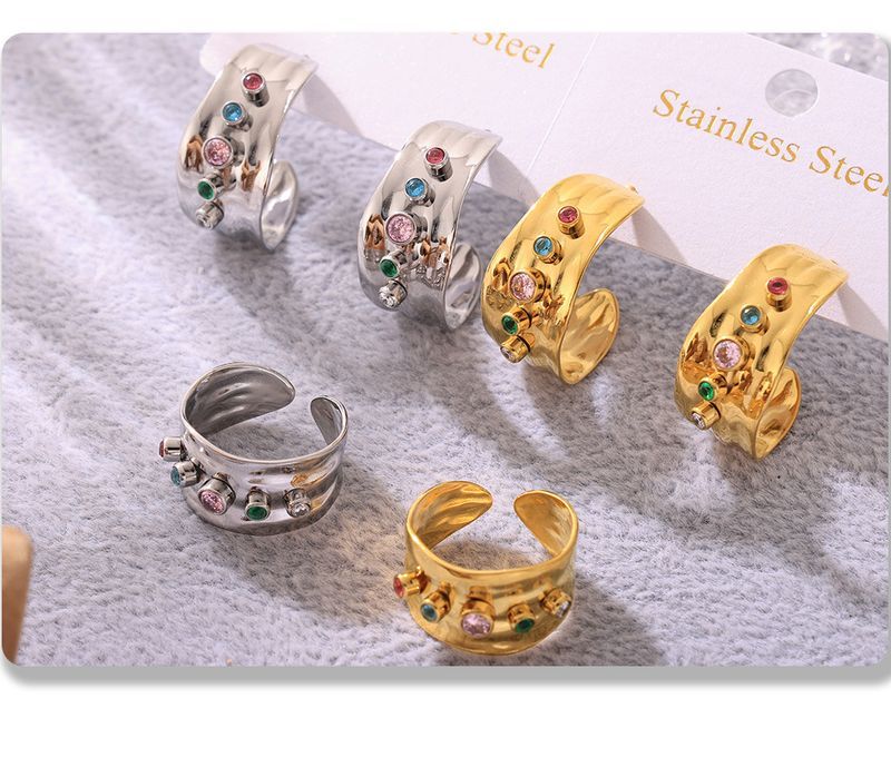 Mixed Zircon Open Ring C Shaped Earrings Stainless Steel Plated Real Gold Color Preserving Jewelry Set_voghion.com