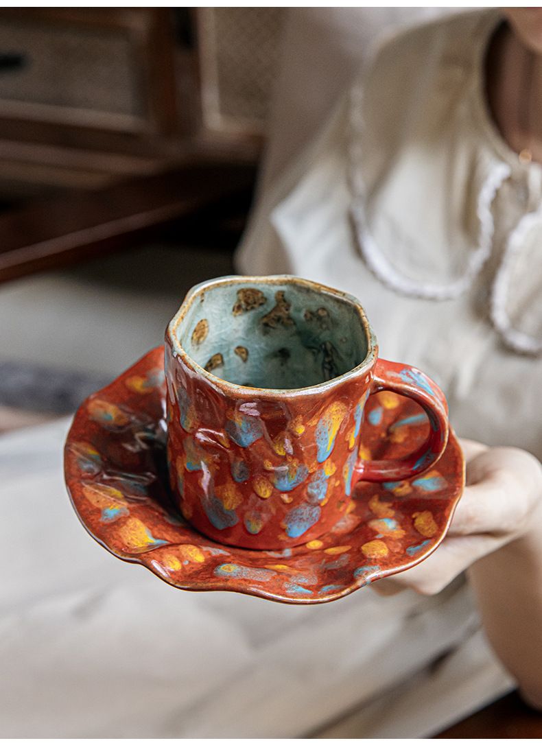 Set di tazzine e piattini da caffè in gres dipinti a mano - Tazza in ceramica retrò con smalto maculato, tazzina da caffè espresso artigianale da 165 ml per caffè a casa (set da 2)_voghion.com