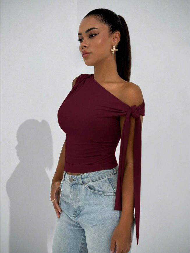 Ropa de mujer, novedad de verano 2025, moda urbana, corte entallado, lazo diagonal, color liso, sin mangas_voghion.com